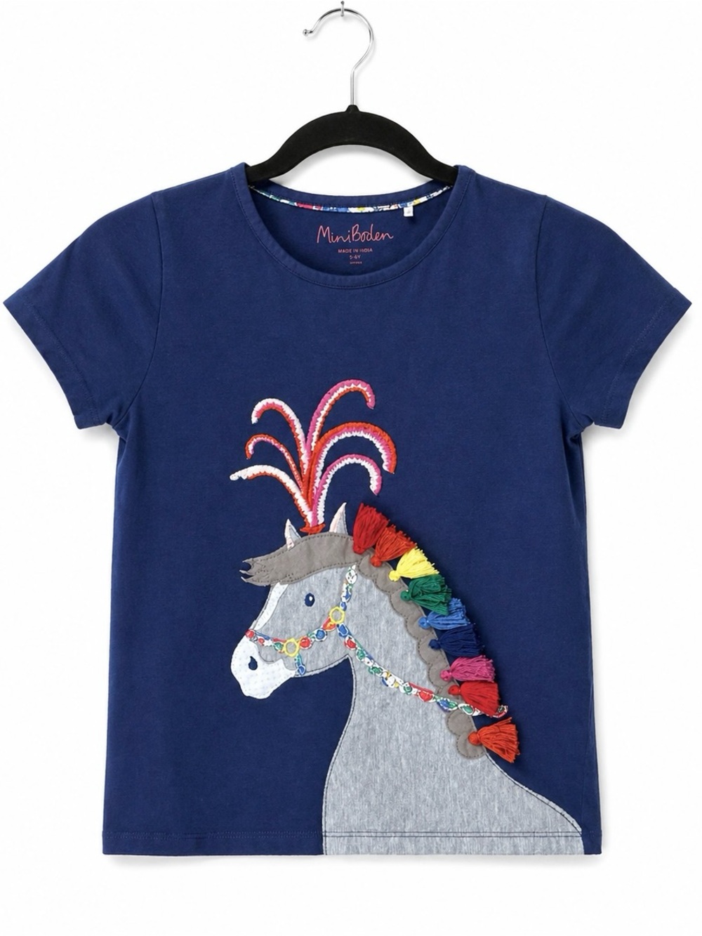 Mini Boden Girls 9-10Y Horse Applique Tee Navy Blue Tassel Embroidered Top